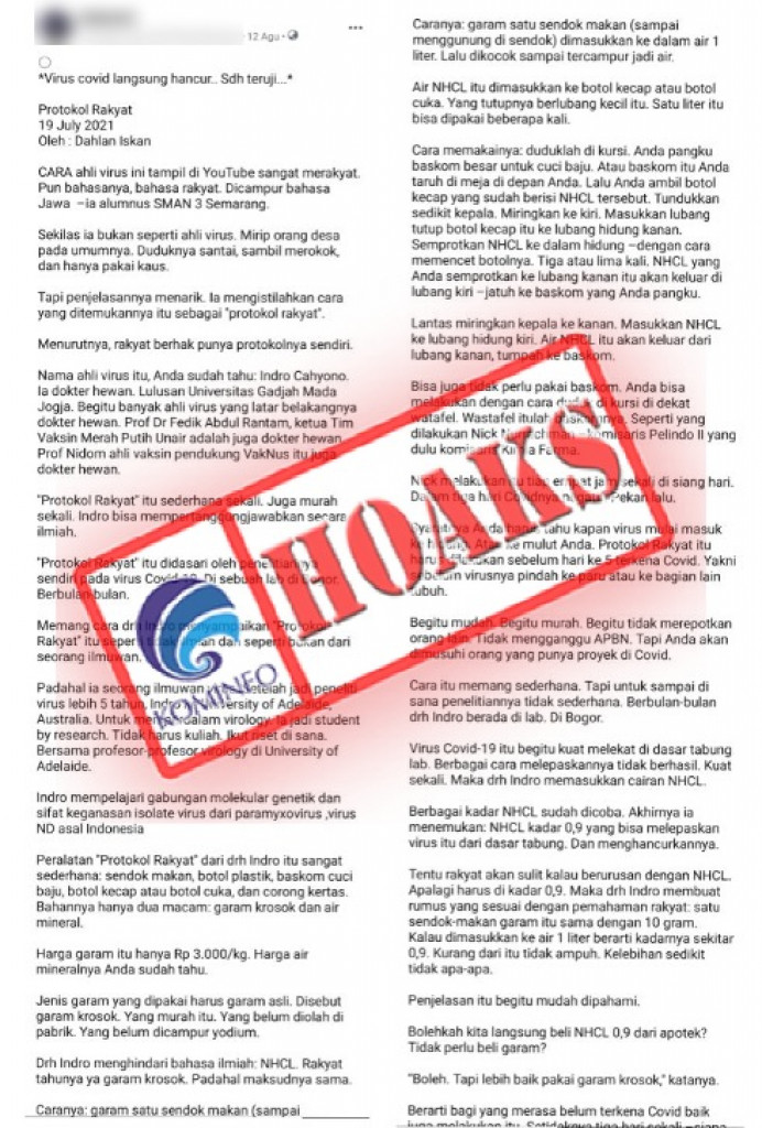 [HOAKS] Mencuci Hidung dengan Garam Menghilangkan Virus Corona